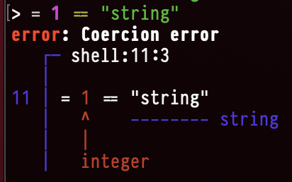 Type error in nushell, trying to compare a string with a number, displaying
exactly where the error ocurred and what the differing types
are.
